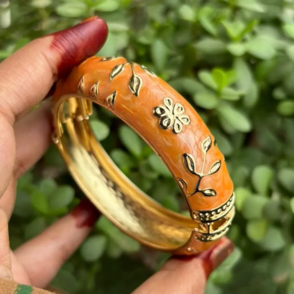 Anti-Tarnish Orange Floral Enamel Kada