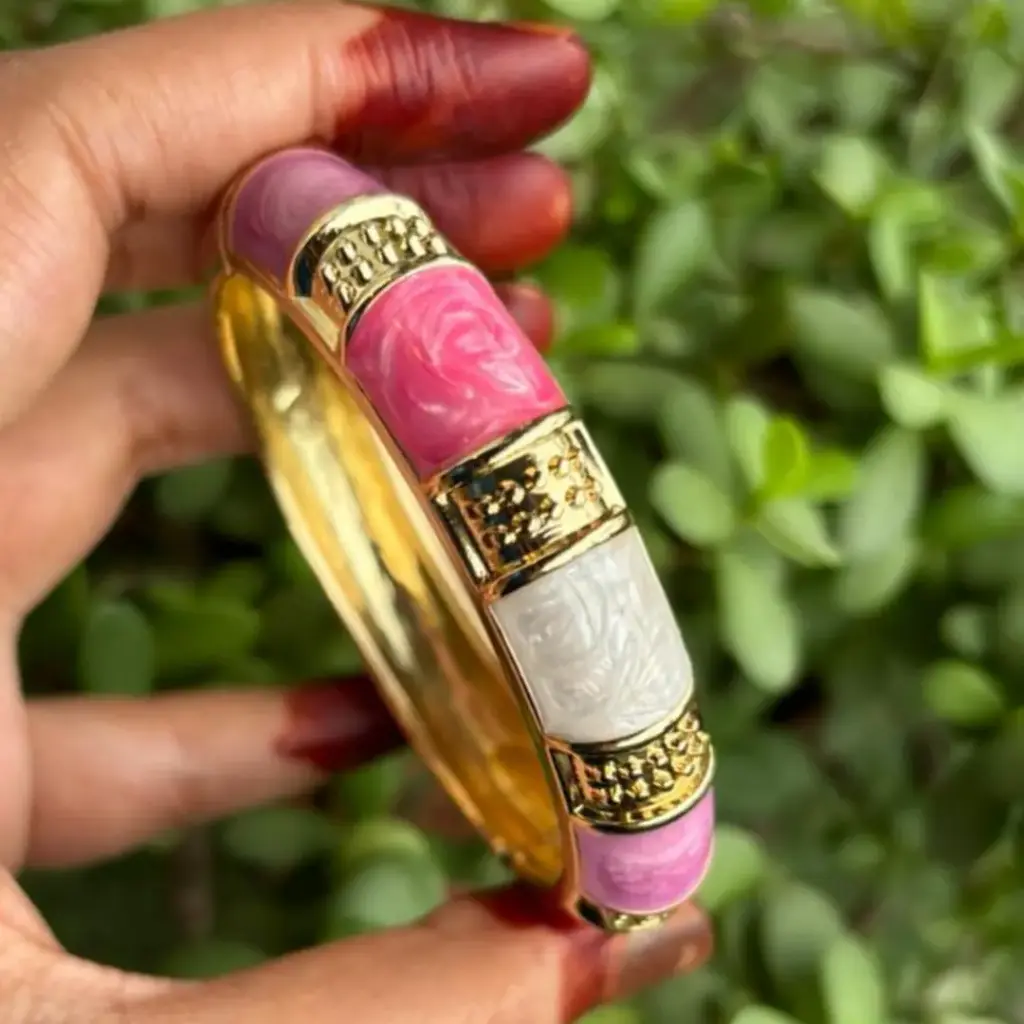 Anti-Tarnish Pink Floral Enamel Kada