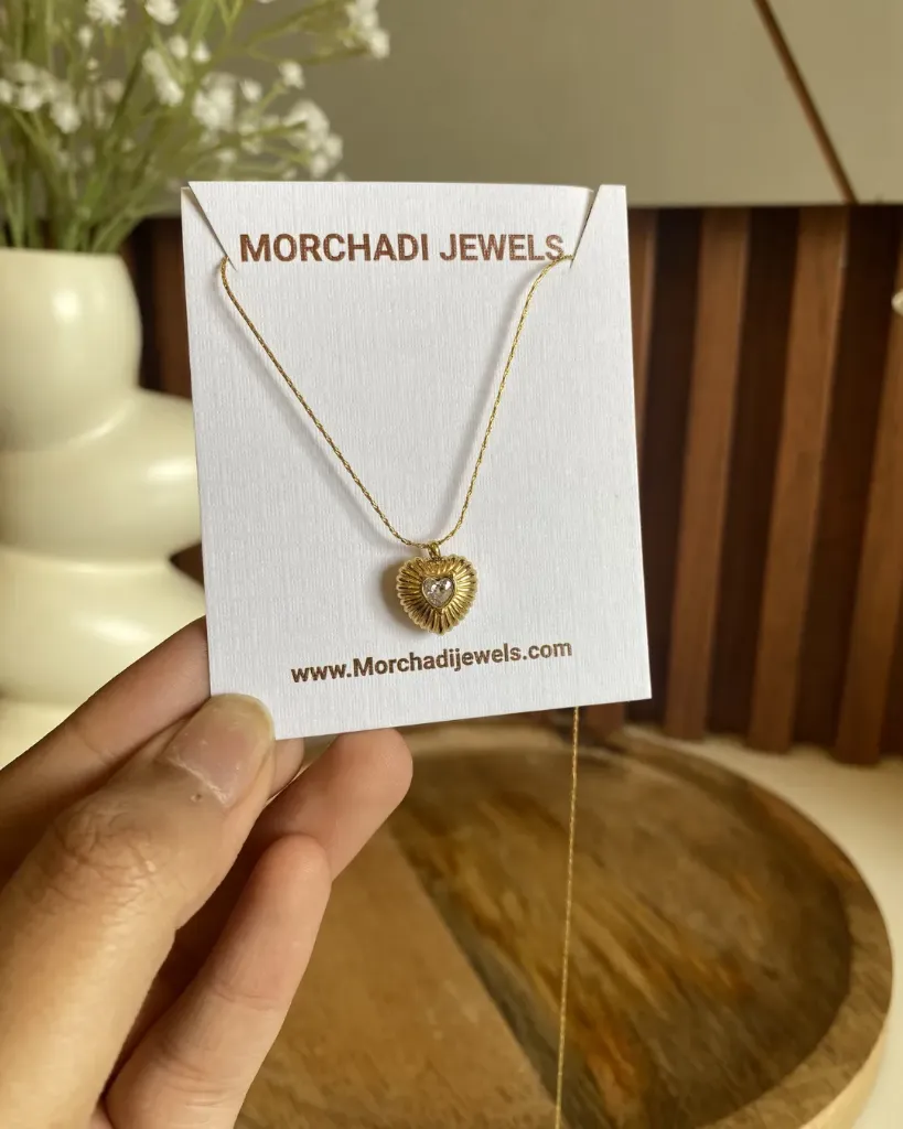 Textured Heart Pendant Necklace with Diamond - Anti-Tarnish Gold Jewelry