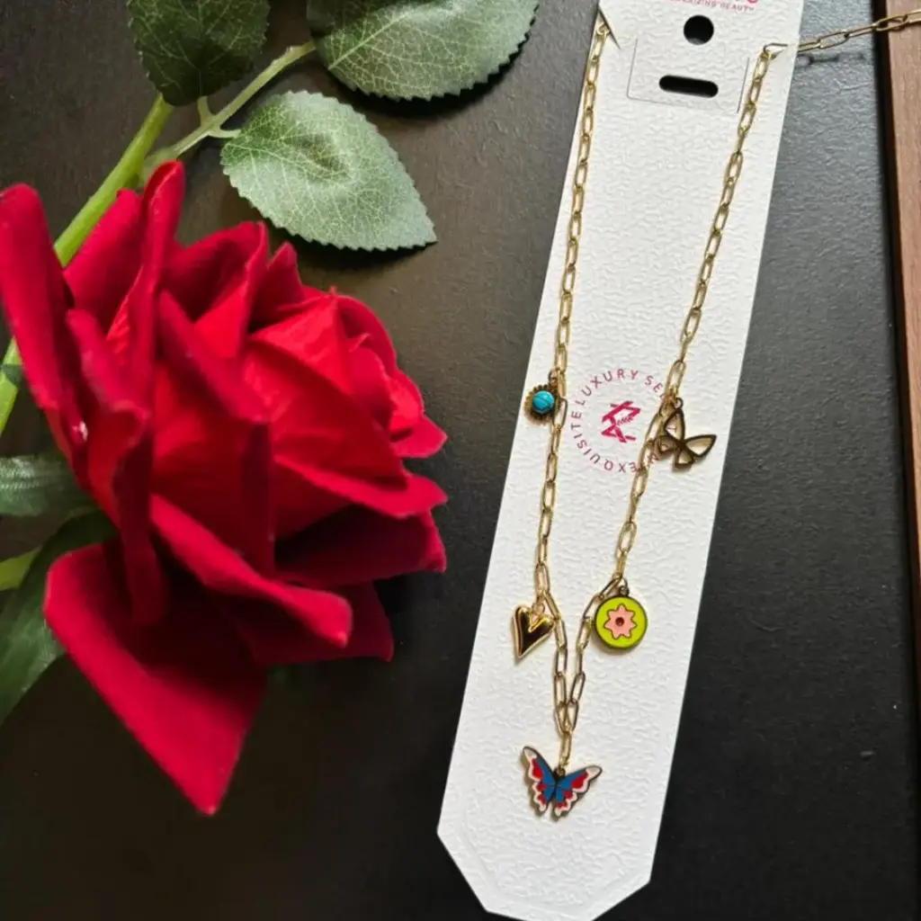 Multi-Charm Butterfly and Floral Necklace - Anti-Tarnish Gold Jewelry