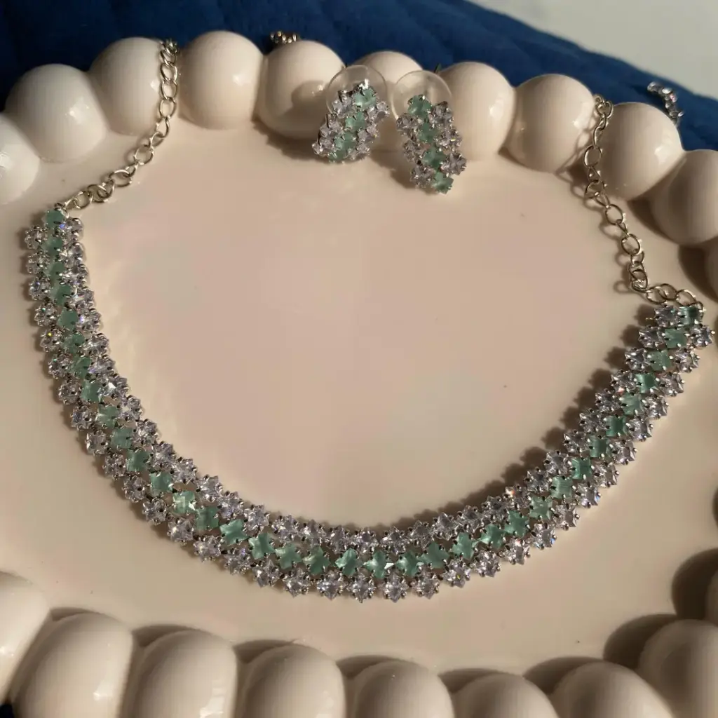Mint Green & White CZ Choker Necklace Set