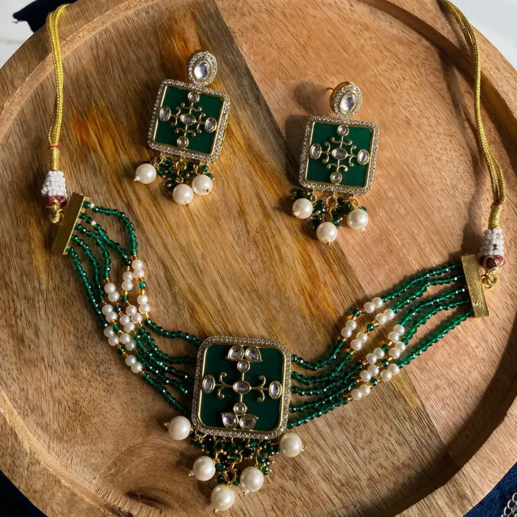 Green Kundan Pearl Choker Necklace Set