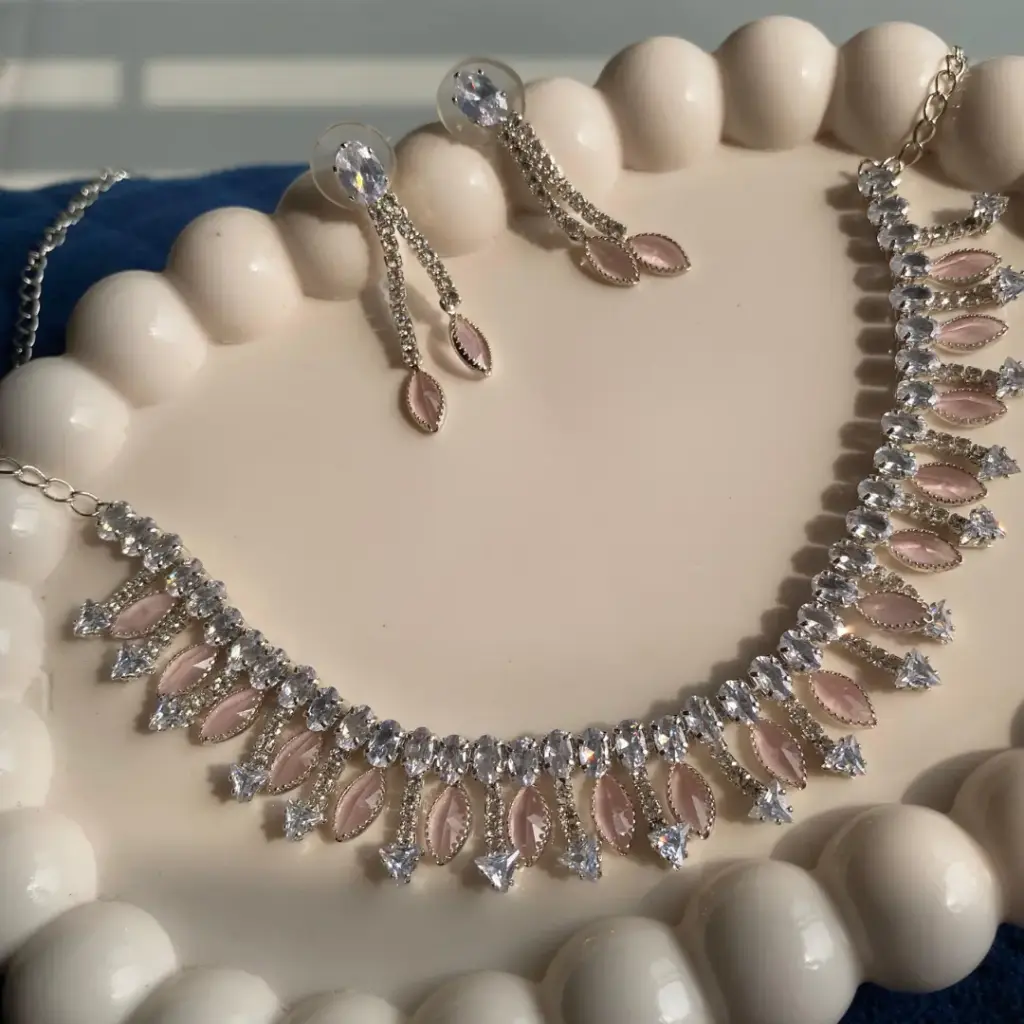 Pink Stone & CZ Silver Choker Necklace Set