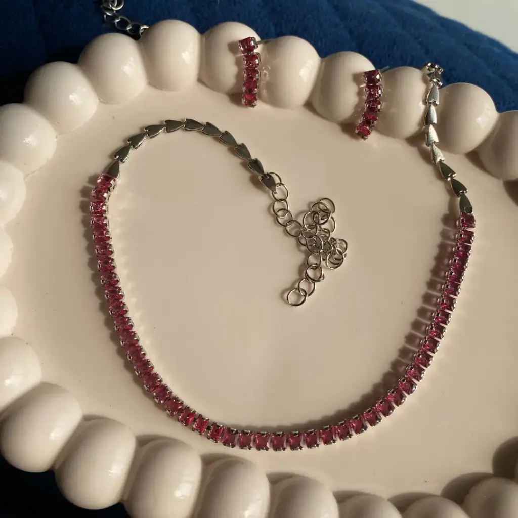 Pink CZ Tennis Necklace Set