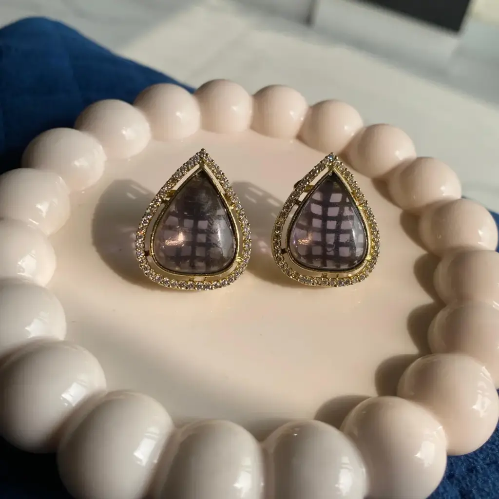 Purple Teardrop Stone Earrings with CZ Outline