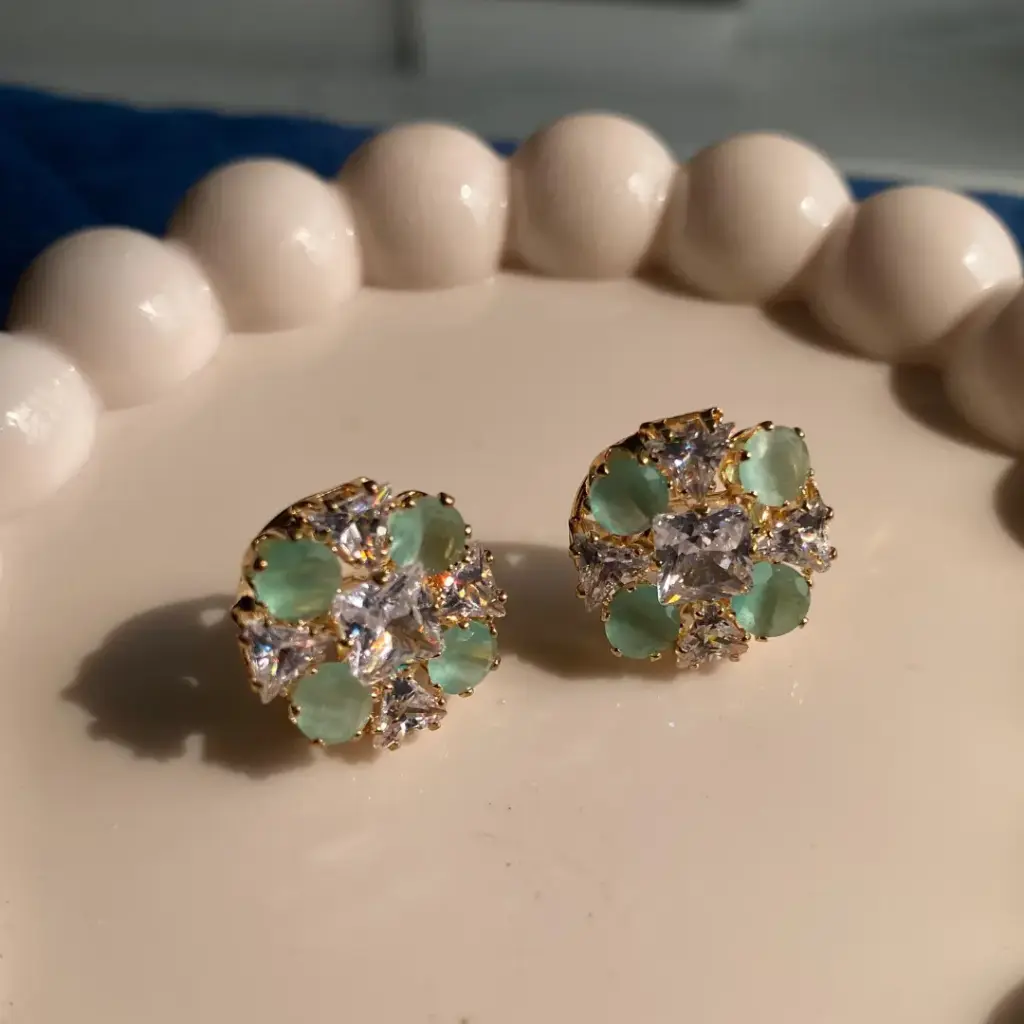 Gold-Plated Mint Green Floral Stud Earrings