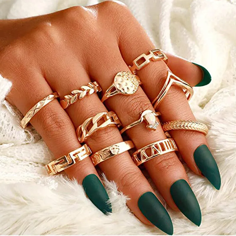 [MJ-295] Gold Plated Contemporary Stackable Rings Set of 11
