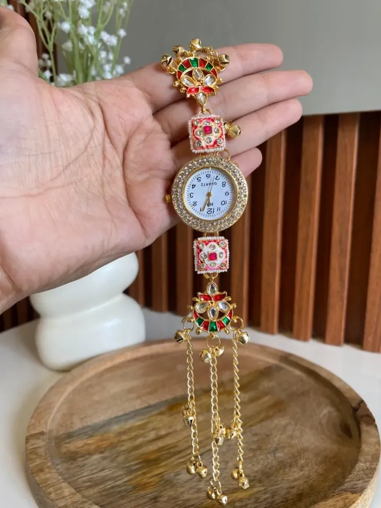 [MJ-362] Kashmiri Multicolour Meenakari Crown Kundan Bracelet Watch