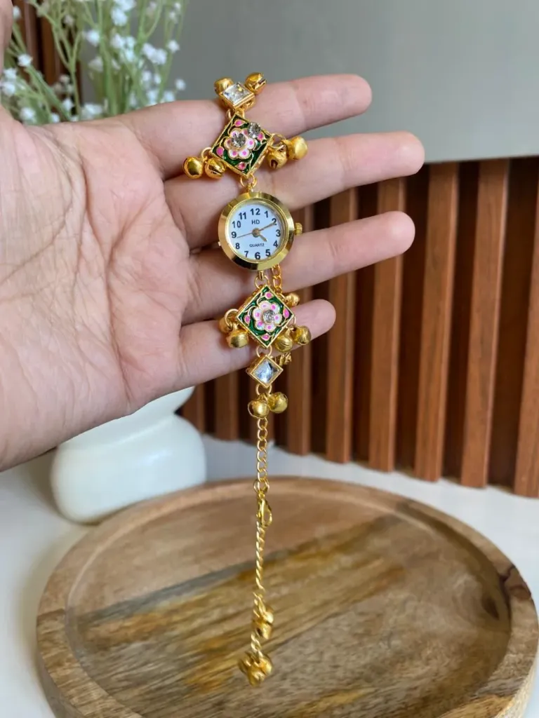 [MJ-356] Kashmiri Green Meenakari Floral Kundan Bracelet Watch