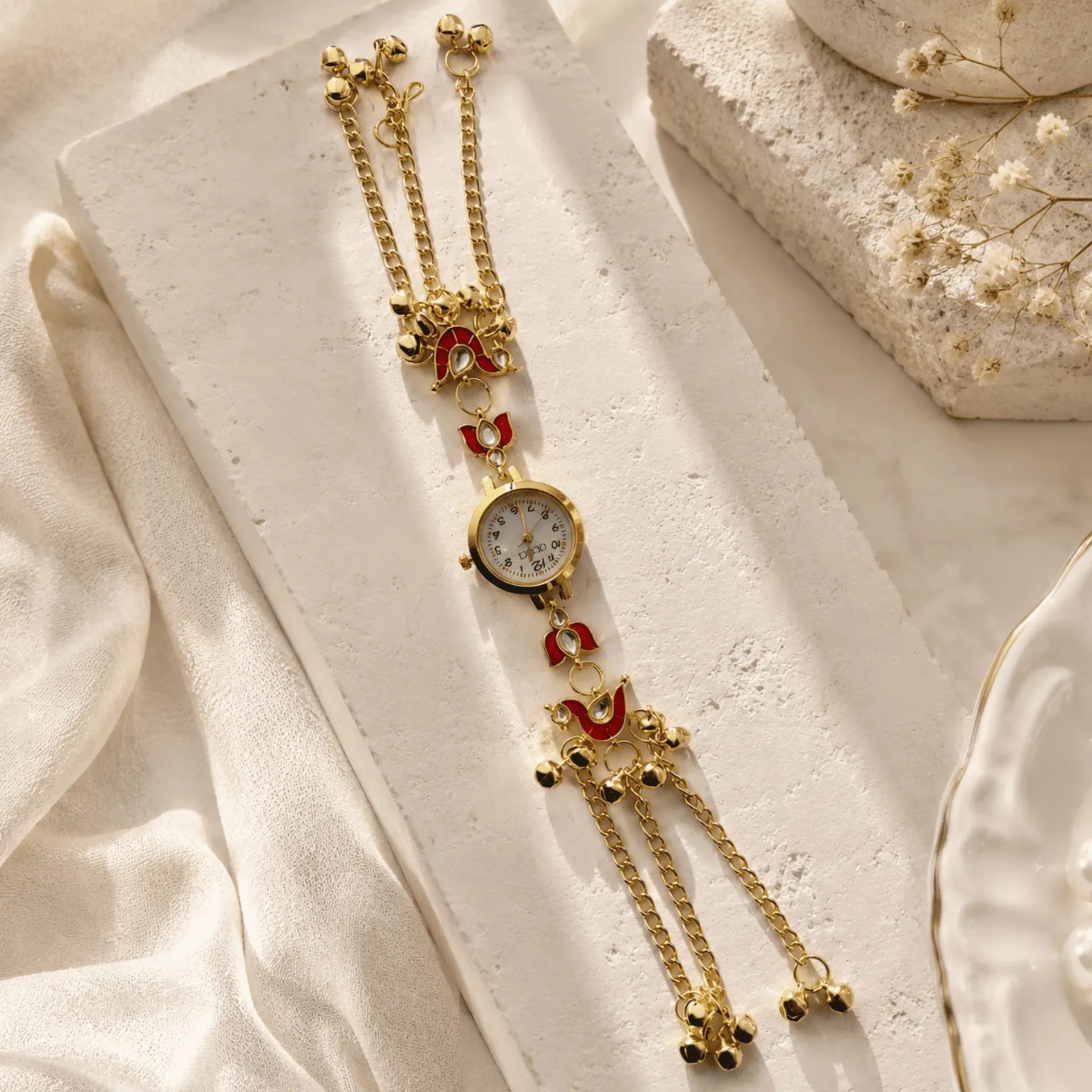 Kashmiri Red Meenakari Tulip Kundan Bracelet Watch