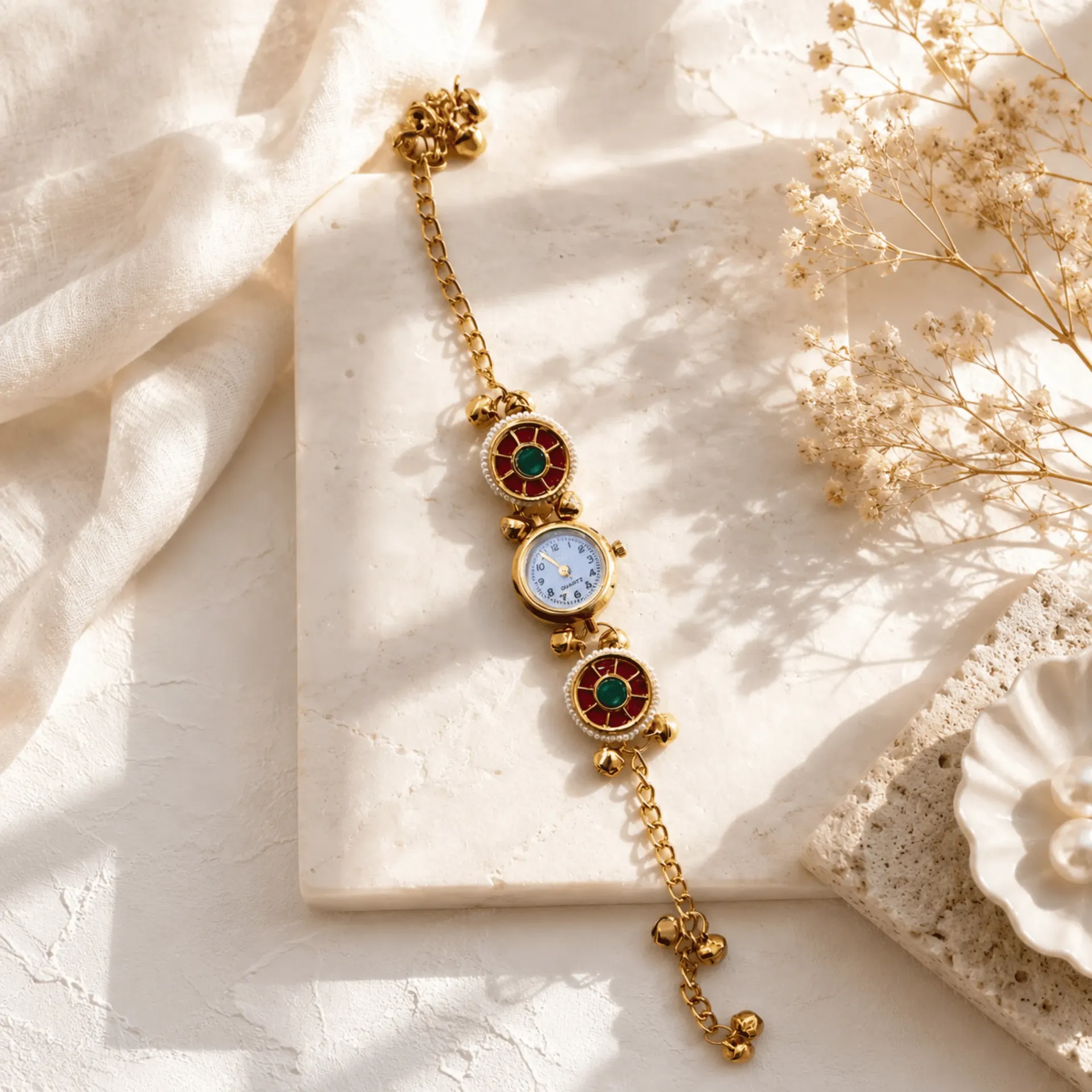 Kashmiri Red Enamel Emerald Pearl Bracelet Watch