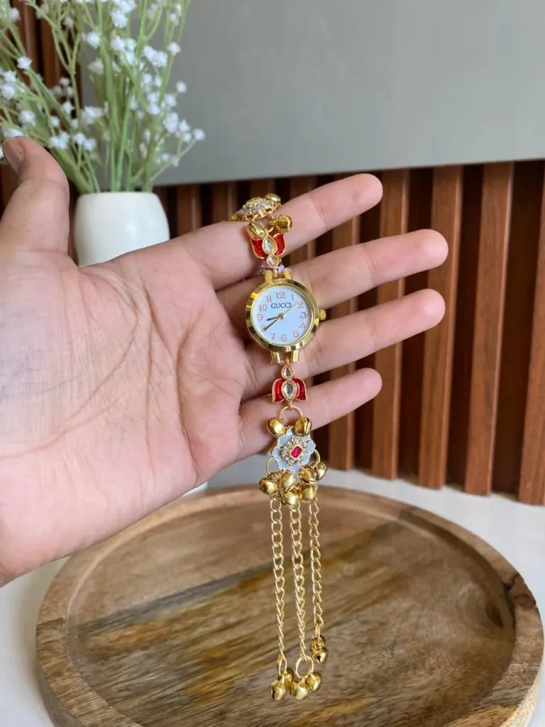 [MJ-368] Kashmiri Red Tulip Kundan Bracelet Watch for Women