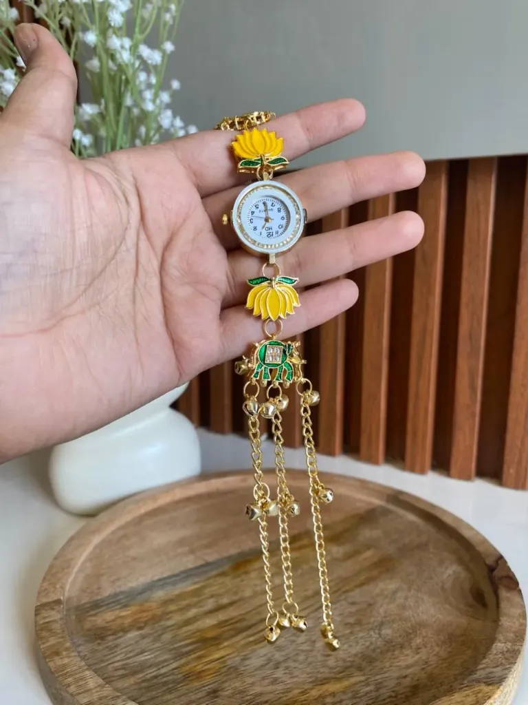 [MJ-370] Kashmiri Yellow Lotus Elephant Meenakari Bracelet Watch