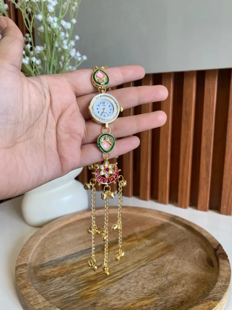 [MJ-364] Kashmiri Pink Meenakari Chand Kundan Bracelet Watch