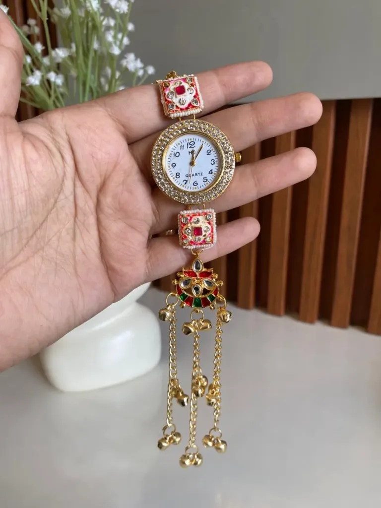 [MJ-365] Kashmiri Pink Meenakari Square Kundan CZ Bracelet Watch
