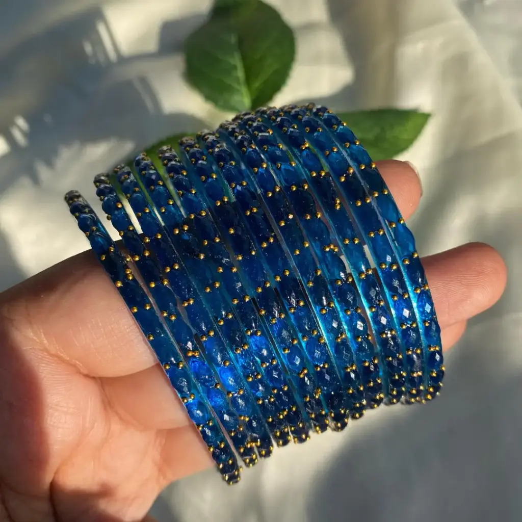 Blue Rain Drop Glass Bangles (12 piece) (2.4)