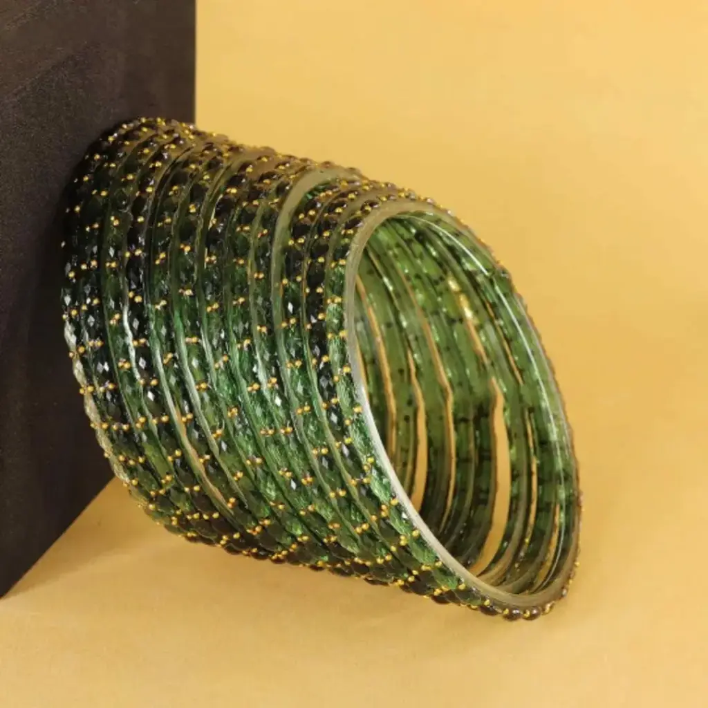 Green Rain Drop Glass Bangles (12 Piece) (2.4)