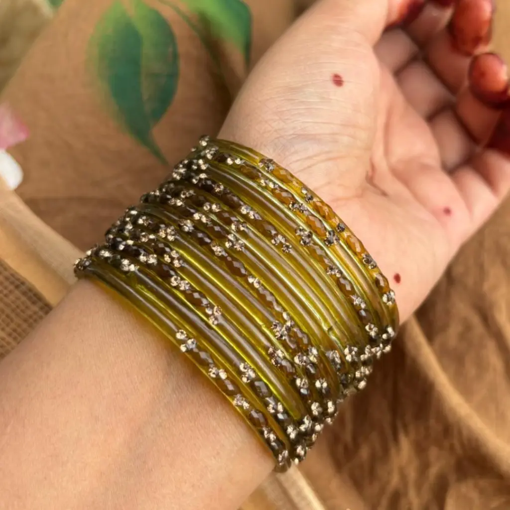Olive Green Glass Stone Bangles (2.4)