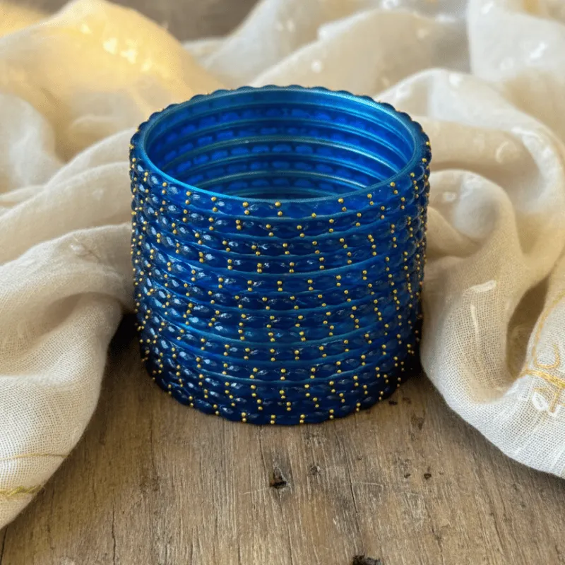 Royal Blue Glass Bangles Set of 12 with Golden Dotted Work (2.4)