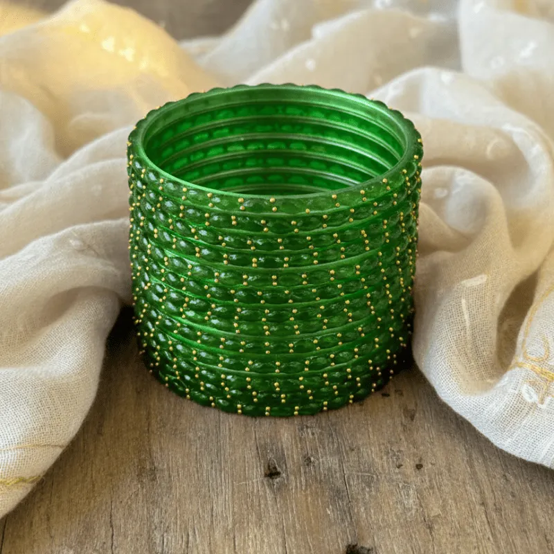 Emerald Green Glass Bangles Set of 12 with Golden Dotted Work