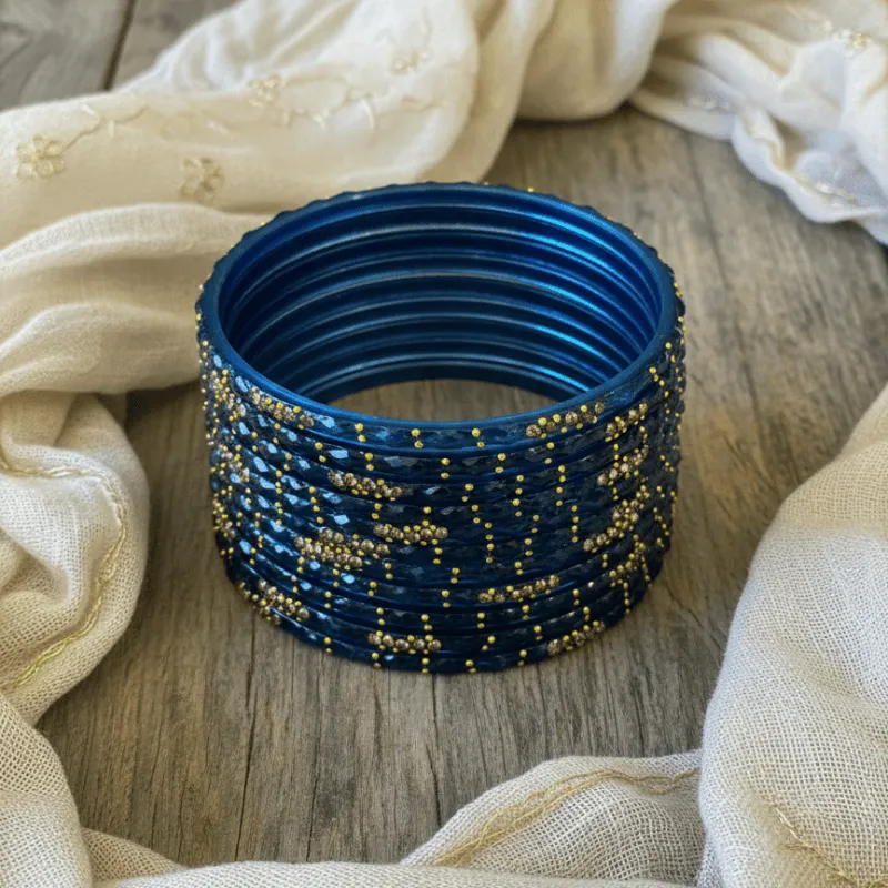 Navy Blue Glass Bangles Set of 12 with Golden Dotted Work (2.4)