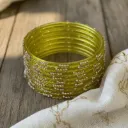 Lime Green Glass Bangles Set of 12 with Crystal Dotted Work