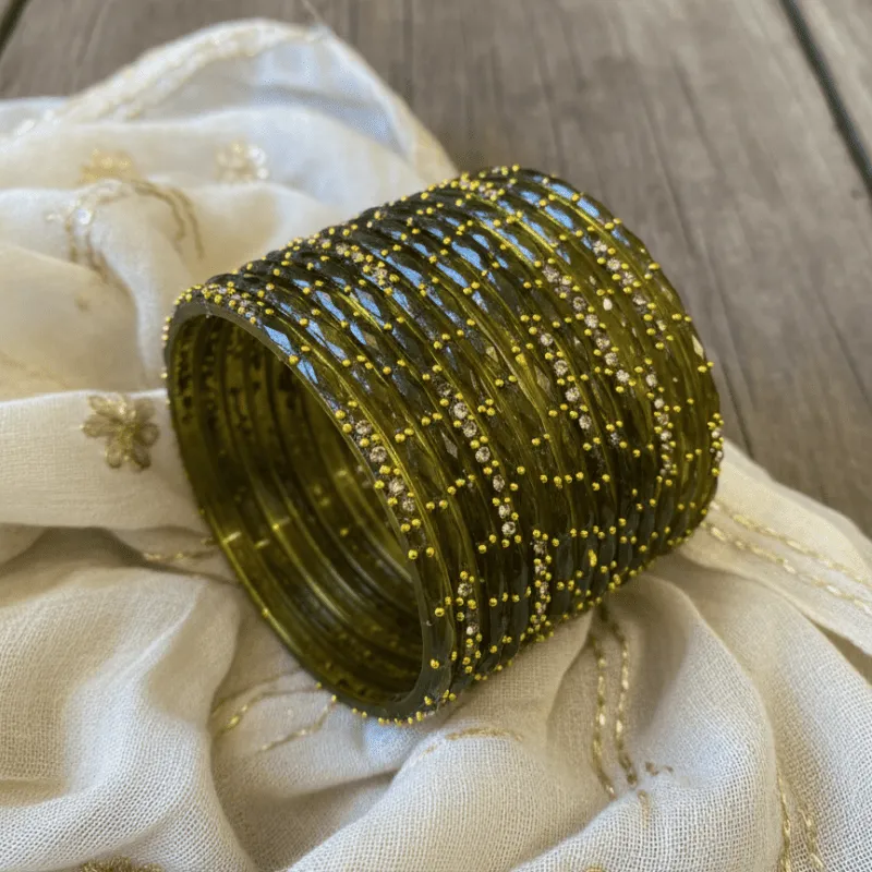 Set of 12 Olive Green Glass Bangles with Gold Bead Detailing