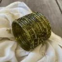 Set of 12 Olive Green Glass Bangles with Gold Bead Detailing