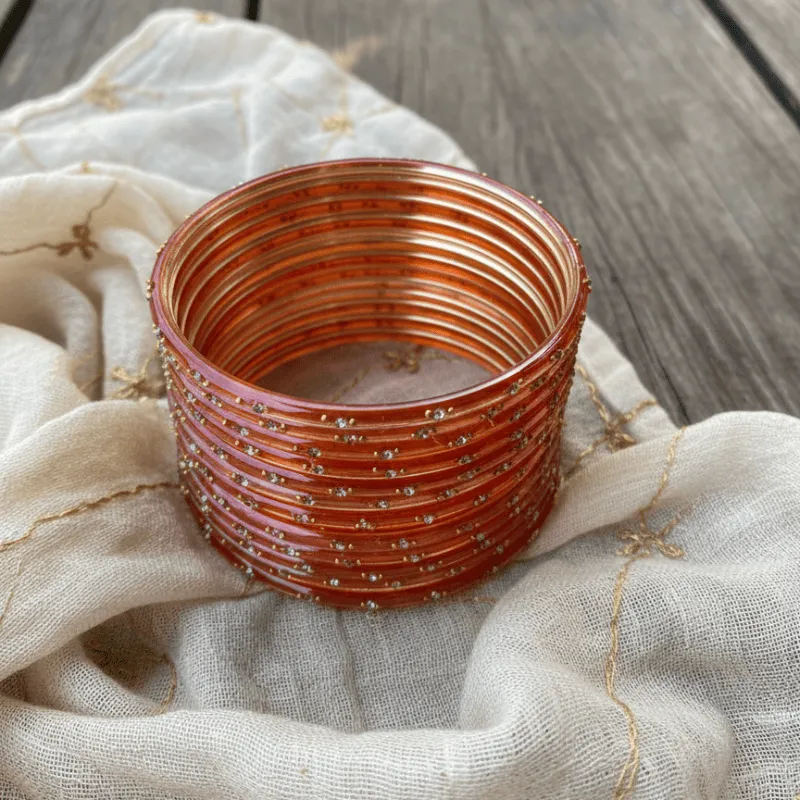 Rust Orange Glass Bangles – Set of 12 with Gold Bead Accents