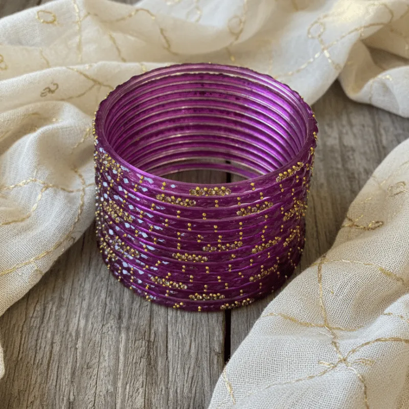 Royal Purple Glass Bangles – Set of 12 with Gold Bead Detailing (2.4)
