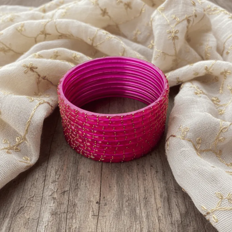 Hot Pink Glass Bangles – Set of 12 with Gold Bead Detailing (2.4)