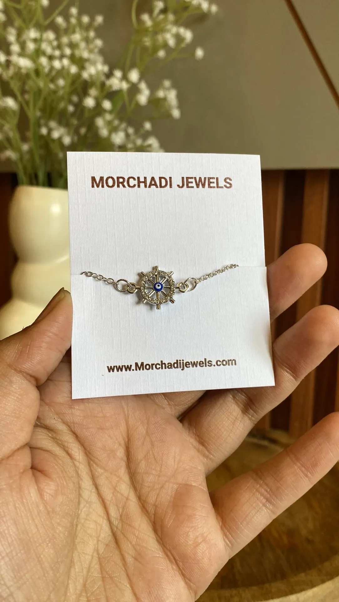 Silver Ship Wheel Evil Eye Bracelet