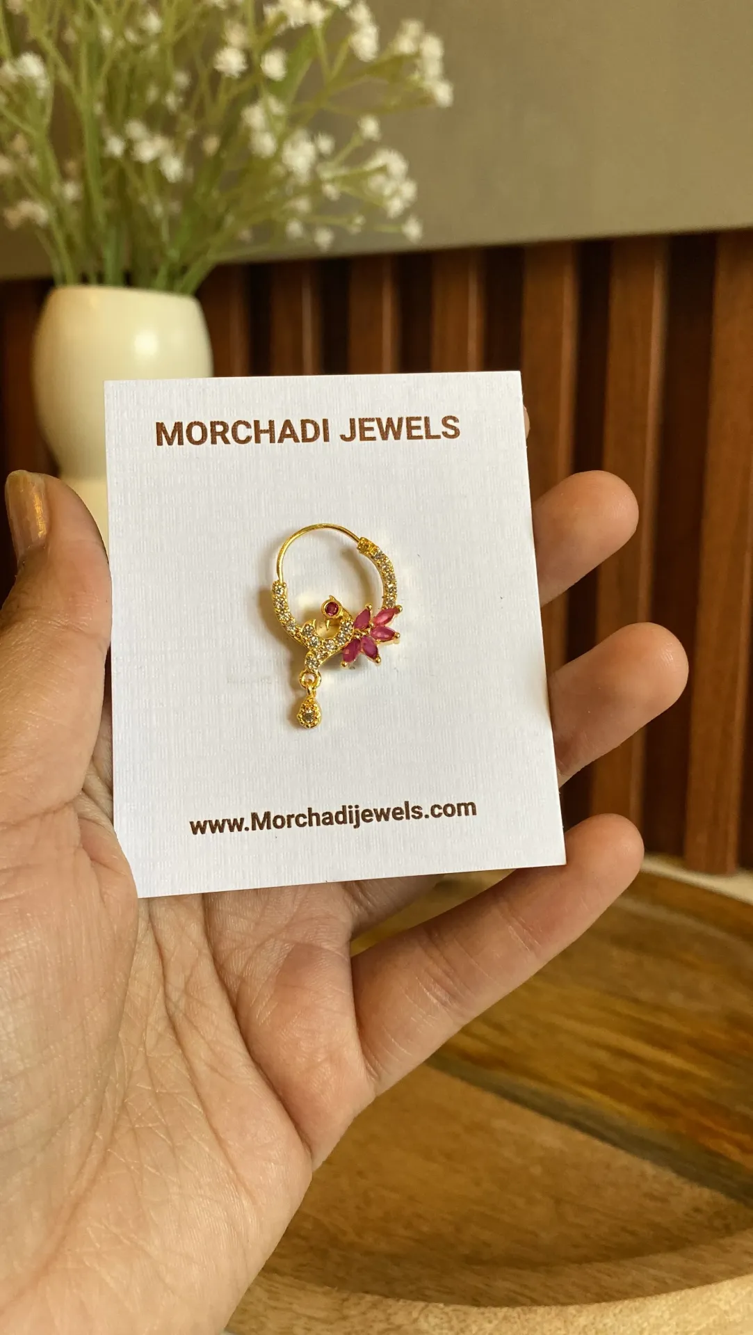 Gold-Plated Floral Nath – Sparkling Ruby Red & White Stone Studded