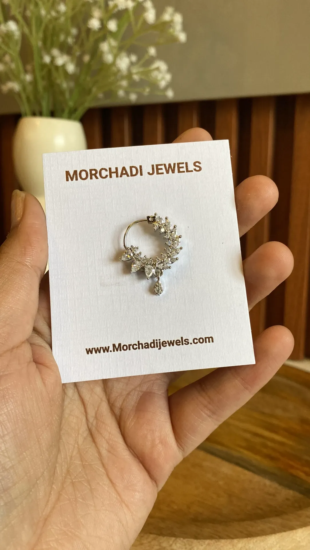 Silver-Plated Floral Nath – Shimmering White Zirconia Studded