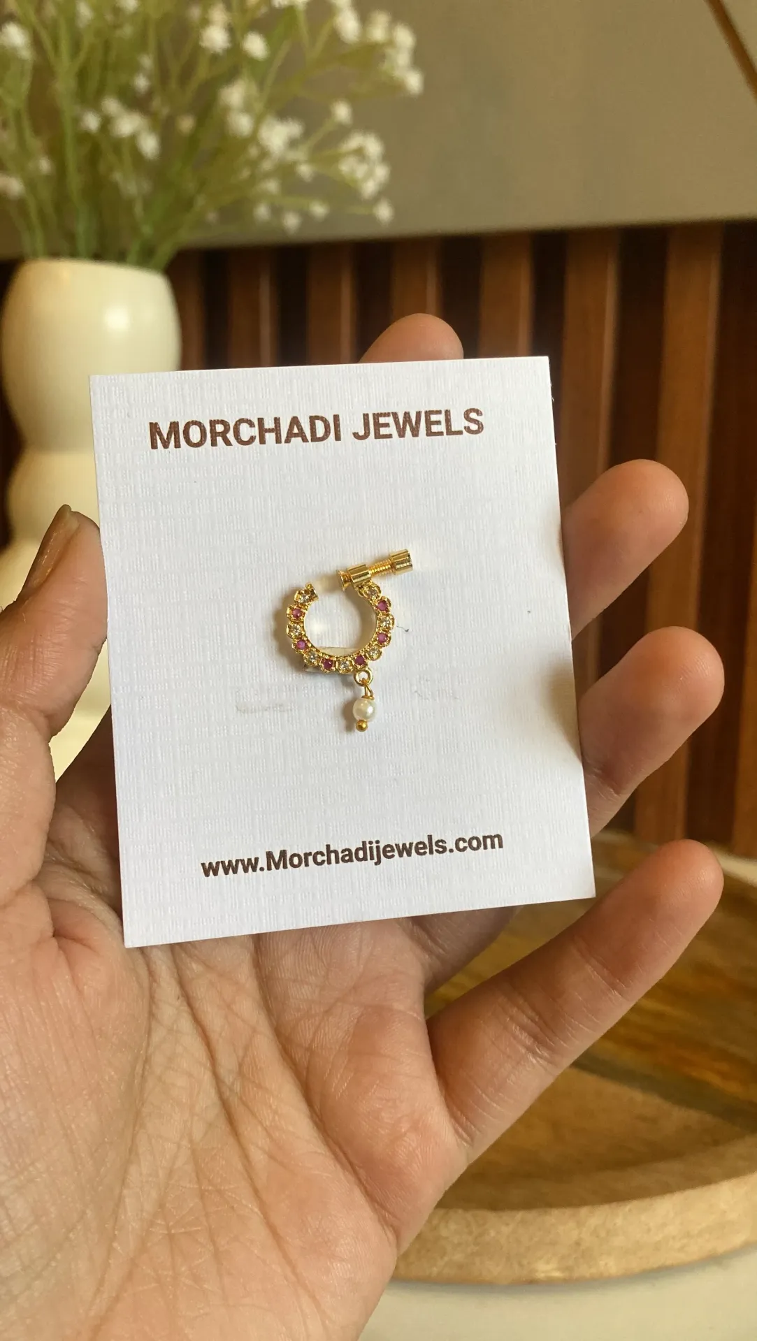 Gold-Plated Traditional Nath – Ruby Red & White Stone Studded