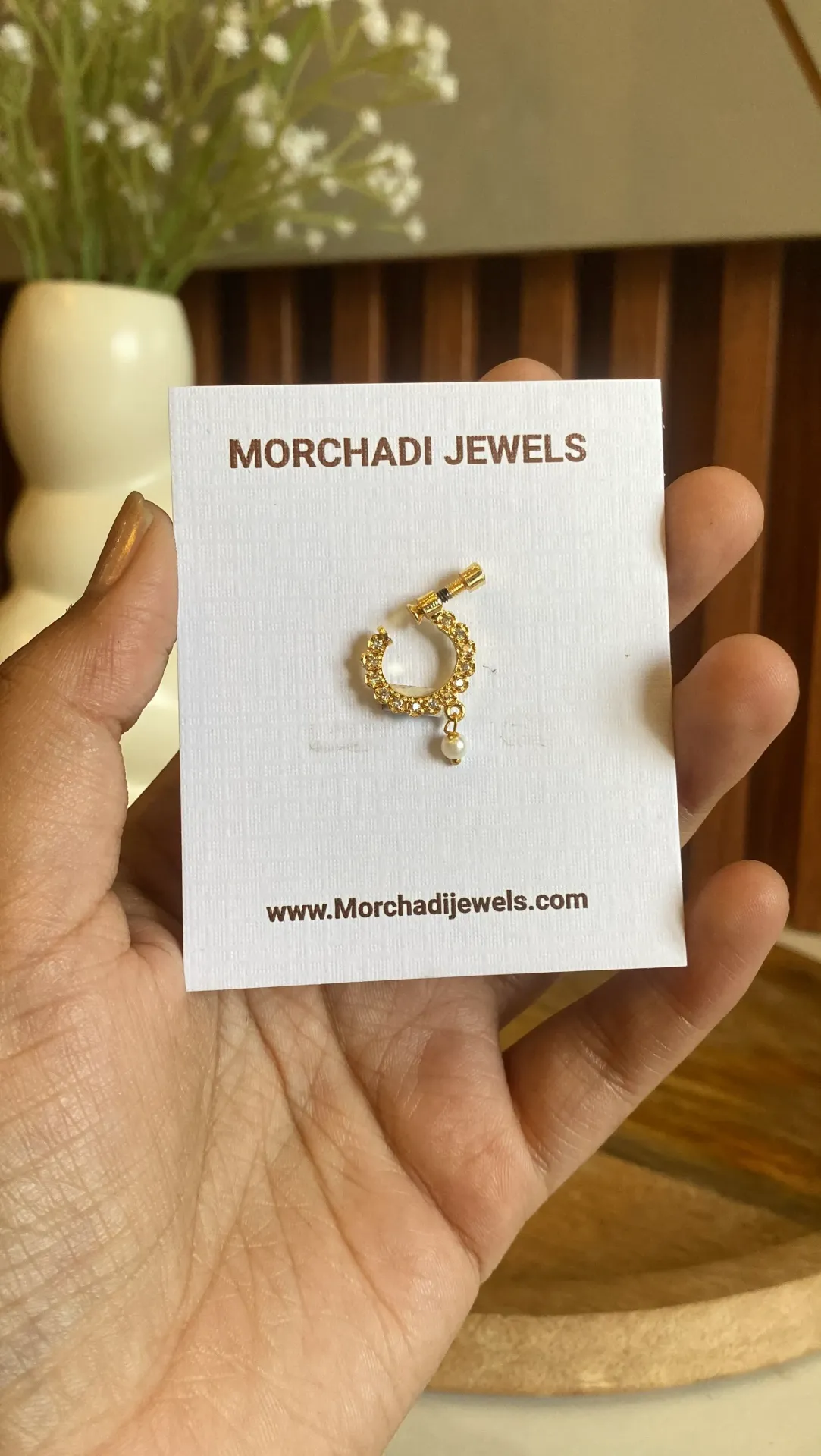 Gold-Plated Traditional White Stone Nath – Sparkling Nose Ring with Pearl Drop