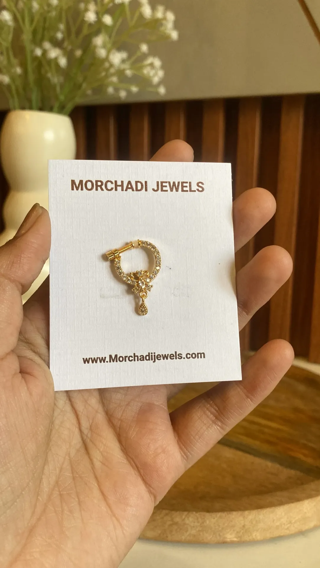 Gold-Plated Floral Teardrop Nath – Sparkling White Stone Studded