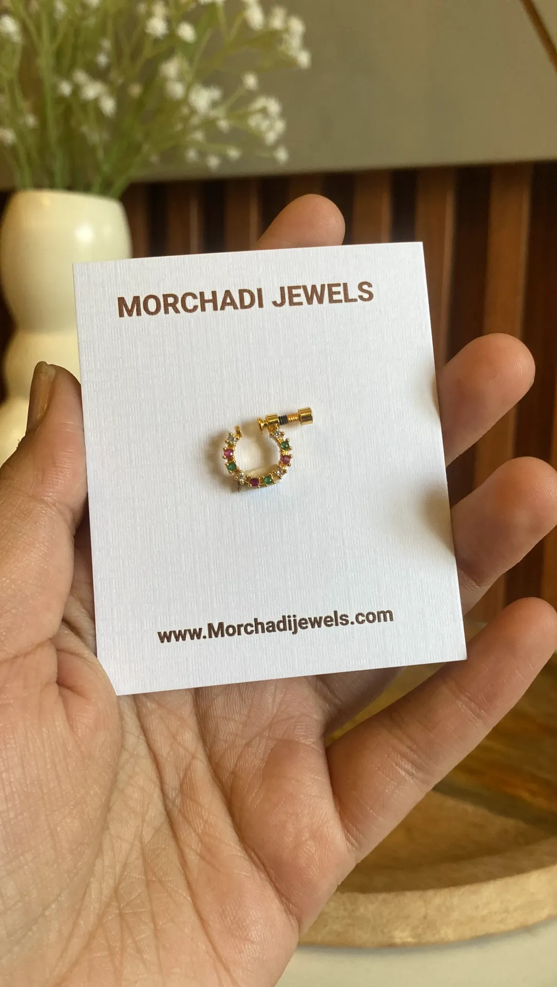 Gold-Plated Multi-Stone Traditional Nath – Vibrant Ruby, Emerald & White Stone