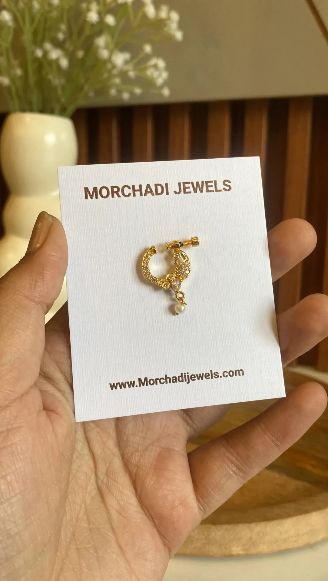 Gold-Plated Traditional Peacock Nath – Shimmering White Stone with Pearl Drop