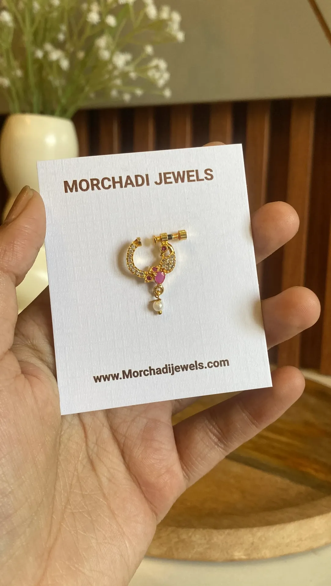 Gold-Plated Traditional Peacock Nath – Sparkling Ruby Red & White Stone with Pearl Drop