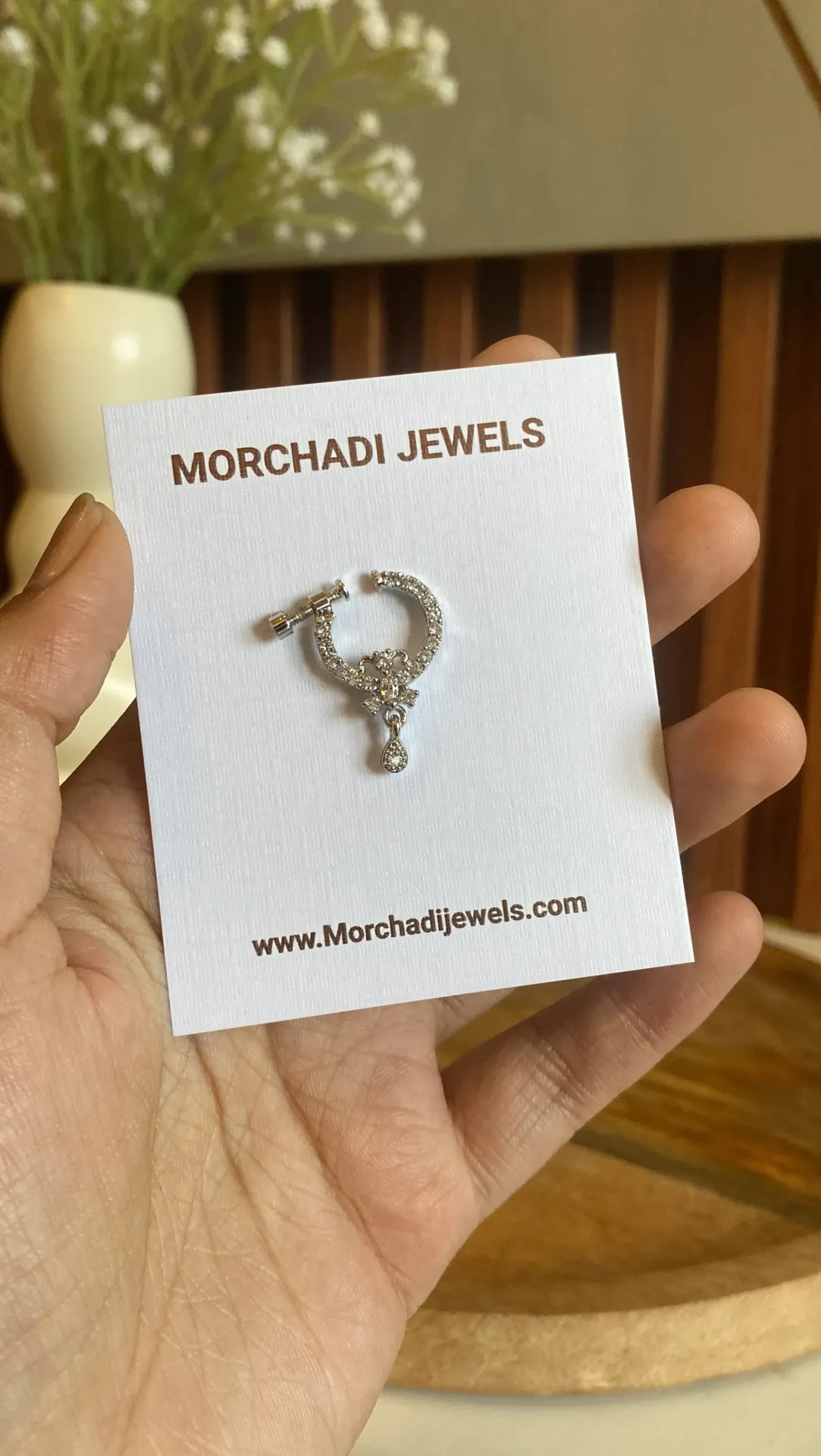 Silver-Plated Floral Teardrop Nath – Sparkling White Stone Studded