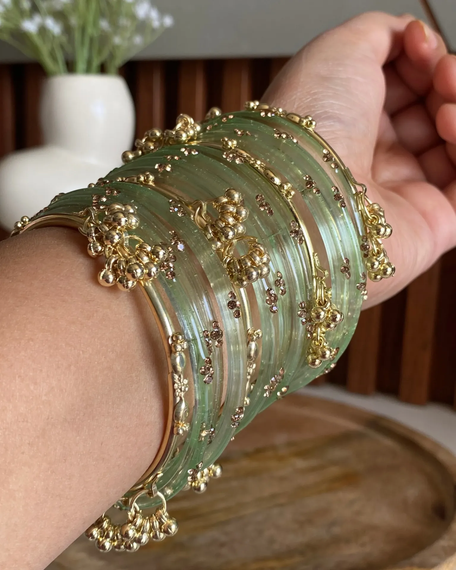 Refreshing Sage Green Glass Bangle Set with Golden Ghoonghroo Accents – 16-Piece