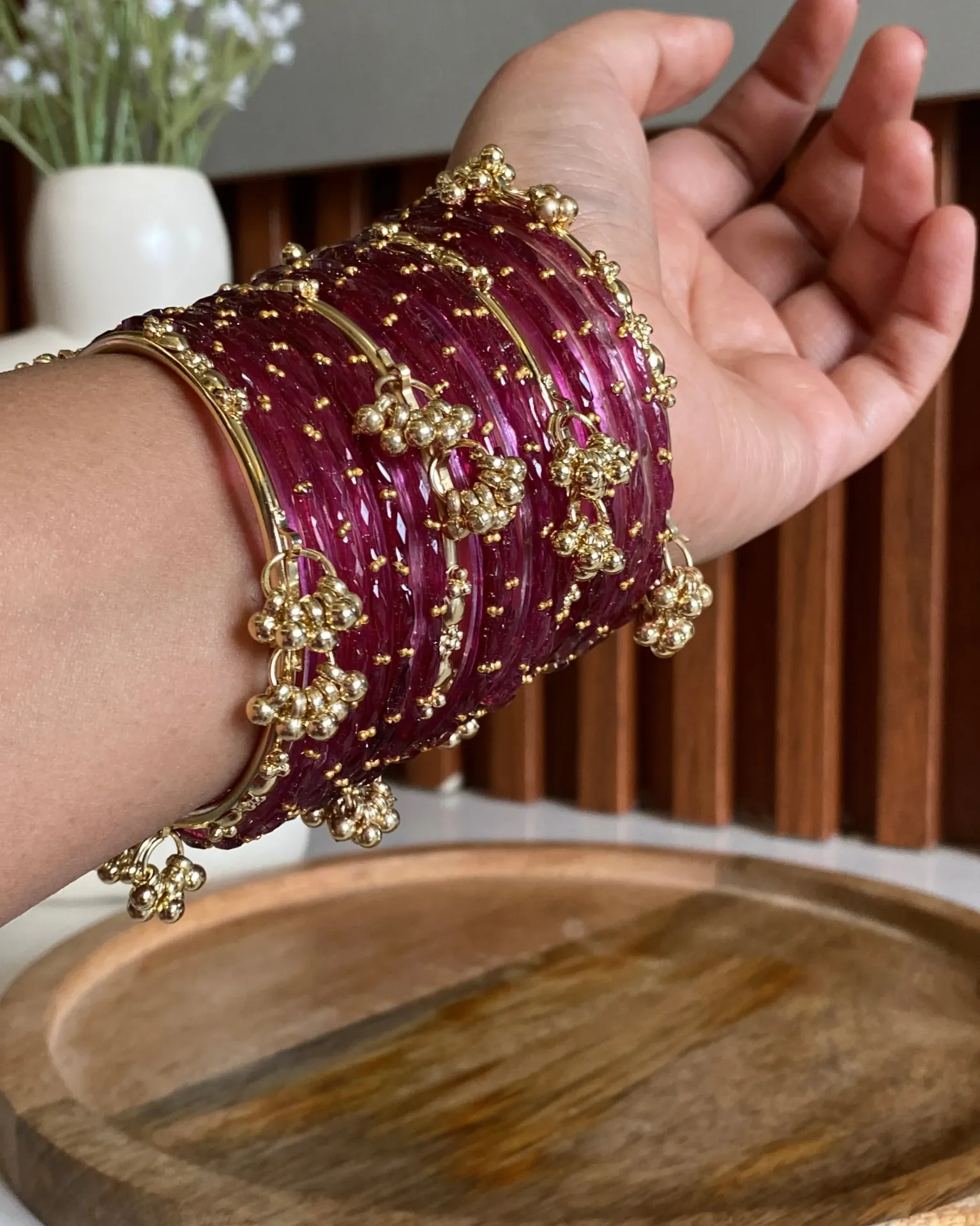 Royal Maroon Glass Bangle Set with Golden Ghoonghroo Accents – 16-Piece