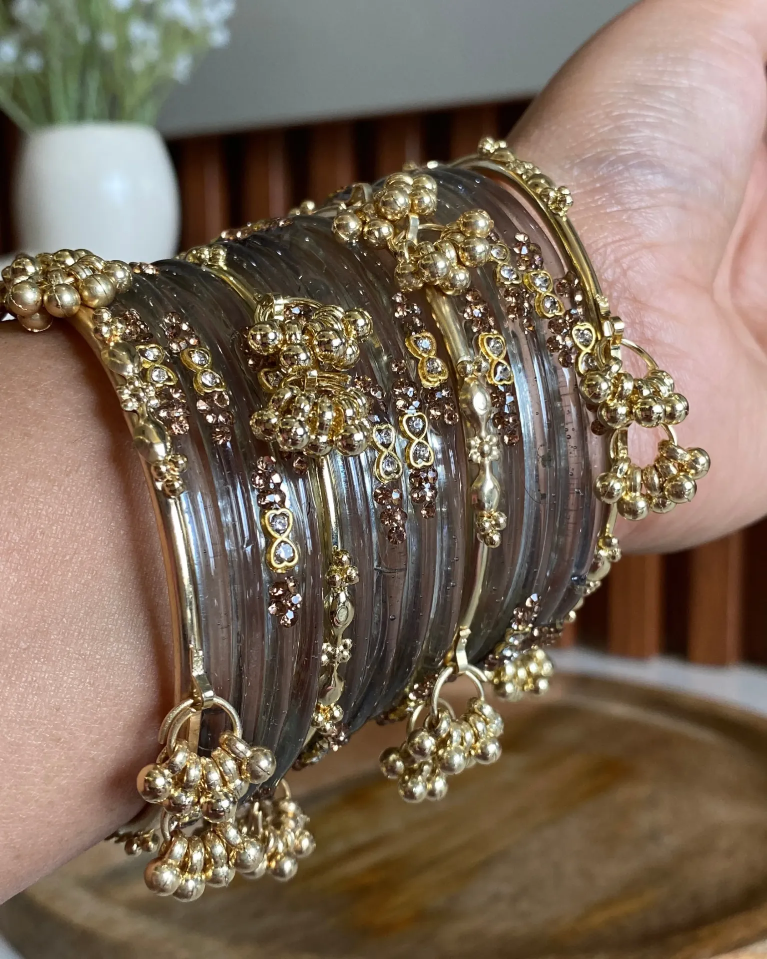 Classic Grey Glass Bangle Set with Golden Ghoonghroo Accents – 16-Piece