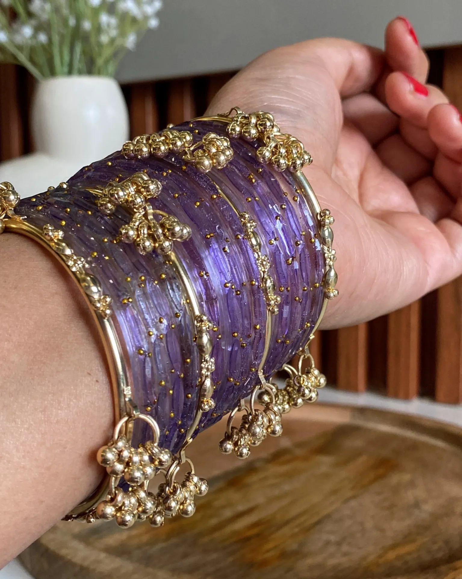 Royal Purple Glass Bangle Set with Golden Ghoonghroo Accents – 16-Piece