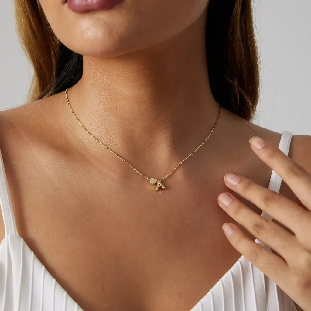 Gold Initial Letter Heart Charm Necklace (A)