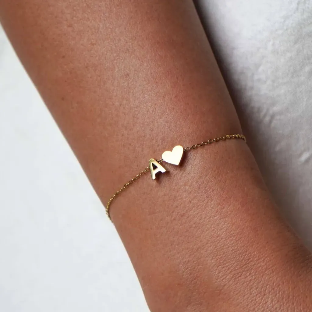 Gold Initial Letter Heart Charm Bracelet