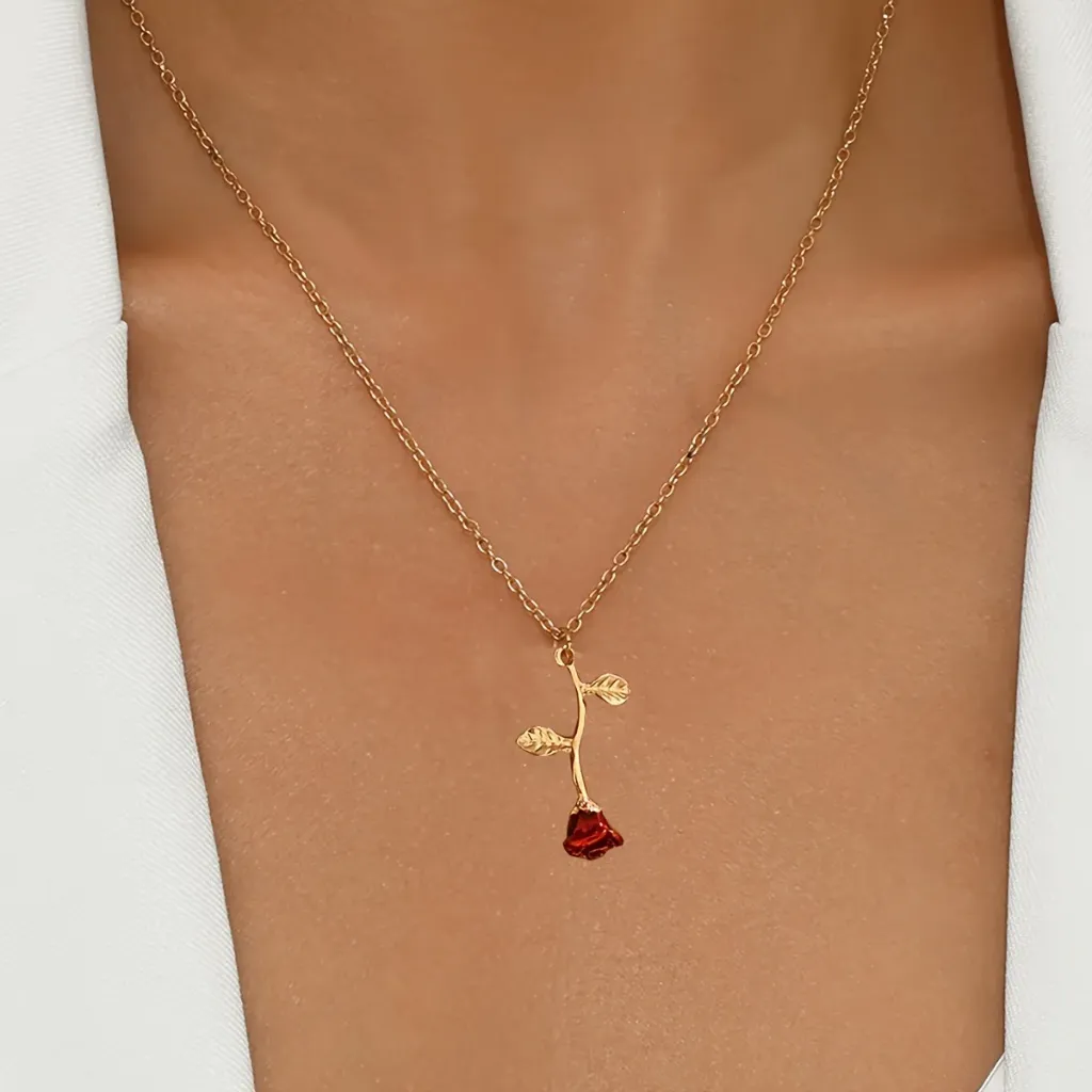 Elegant Red Rose Gold Stem Necklace