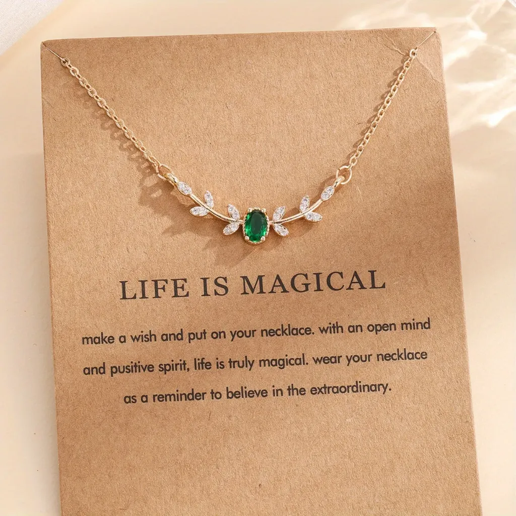 [MJ-279] Gold Emerald Crystal Leaf Vine Necklace
