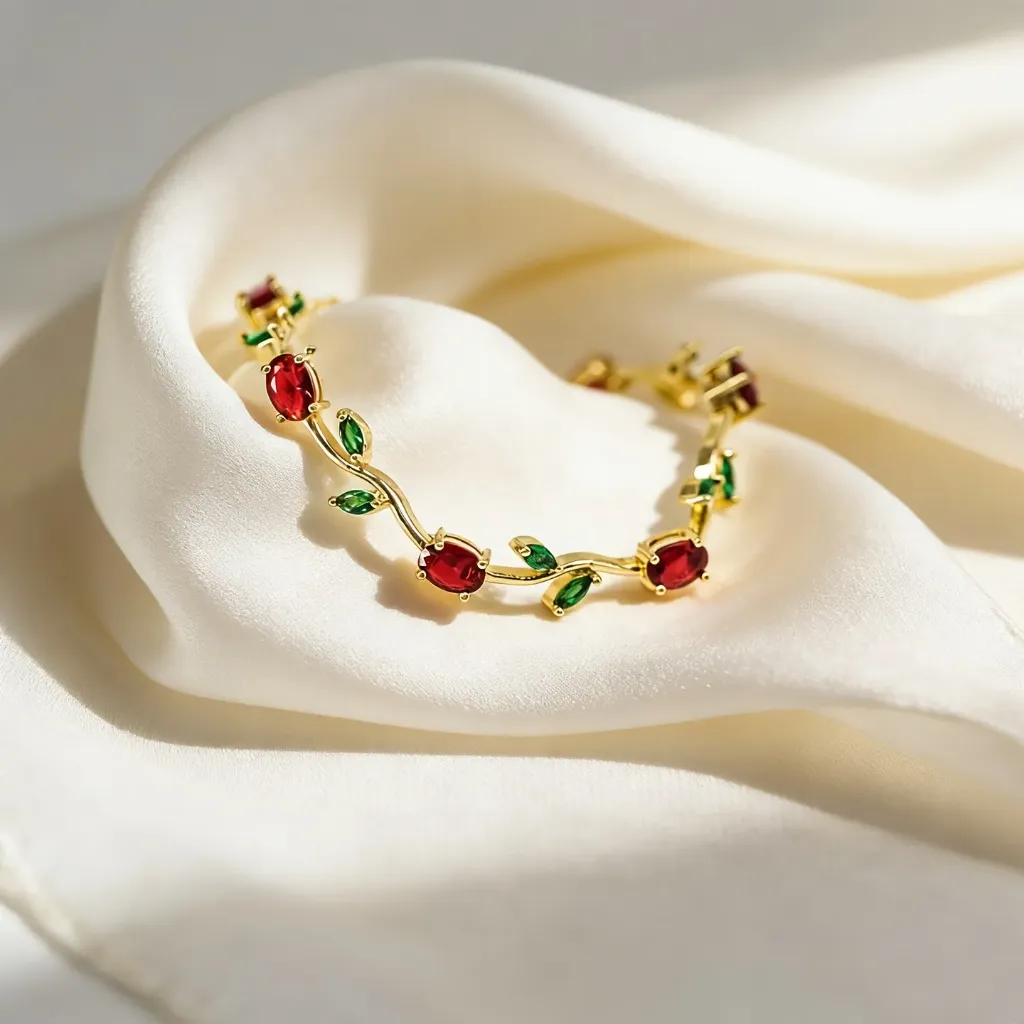 Luxurious  Fairy Bloom Floral Tulip Bracelet With Red Green Stones
